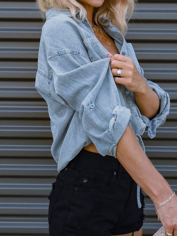 Vintage Dual Pocket Drawstring Denim Shirts