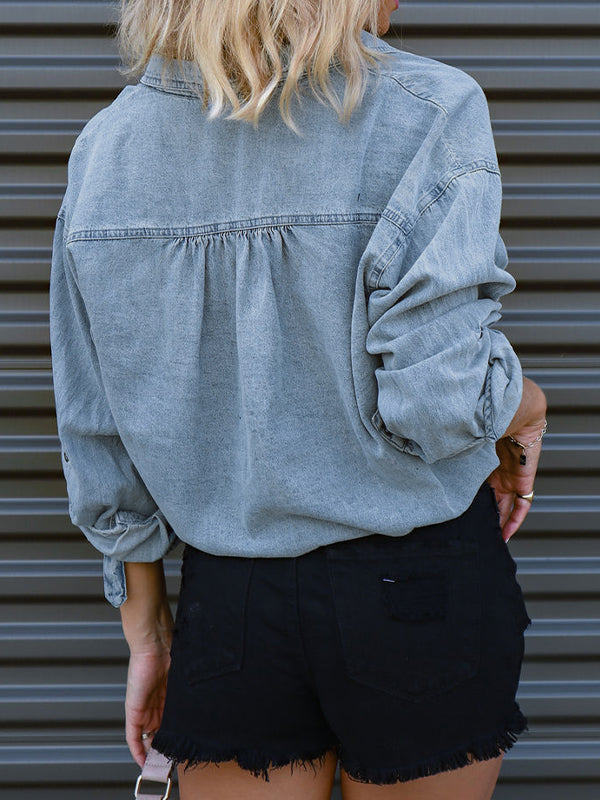 Vintage Dual Pocket Drawstring Denim Shirts