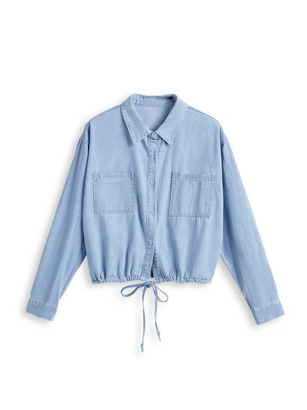 Vintage Dual Pocket Drawstring Denim Shirts
