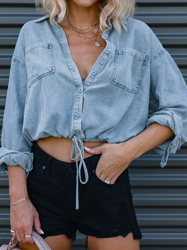 Vintage Dual Pocket Drawstring Denim Shirts
