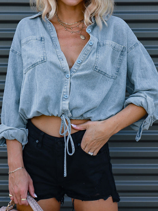Vintage Dual Pocket Drawstring Denim Shirts