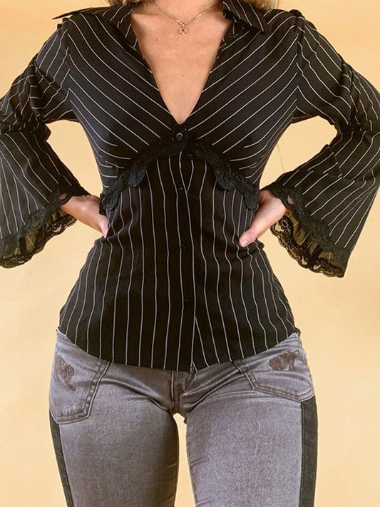 Lace Paneled Long Sleeve Striped Shirts