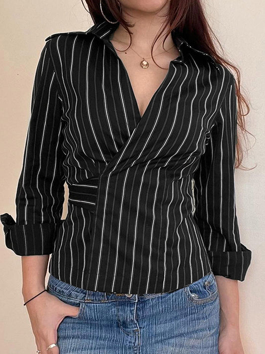 Retro Lace-Up Cinched-Waist Stripes Shirts