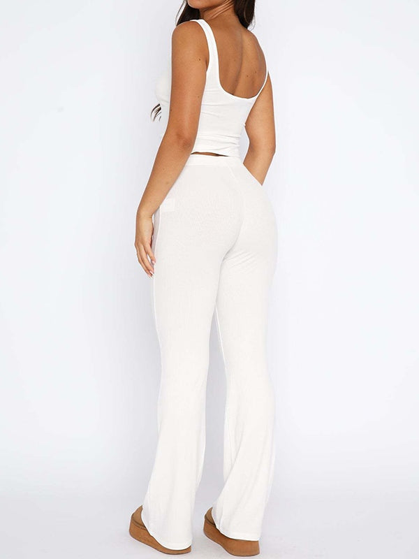 Solid Breasted Tank Top Lace Up Pants Sets