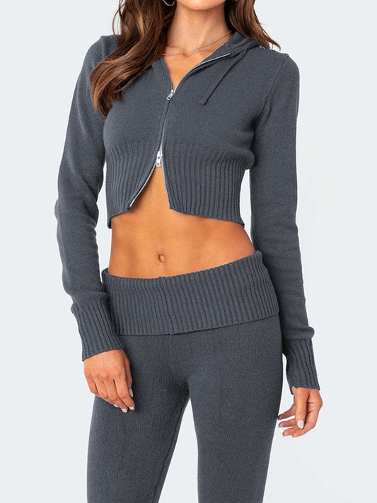Solid Knit Hoodie Flare Leg Pants Sets