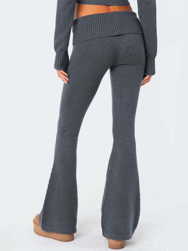 Solid Knit Hoodie Flare Leg Pants Sets