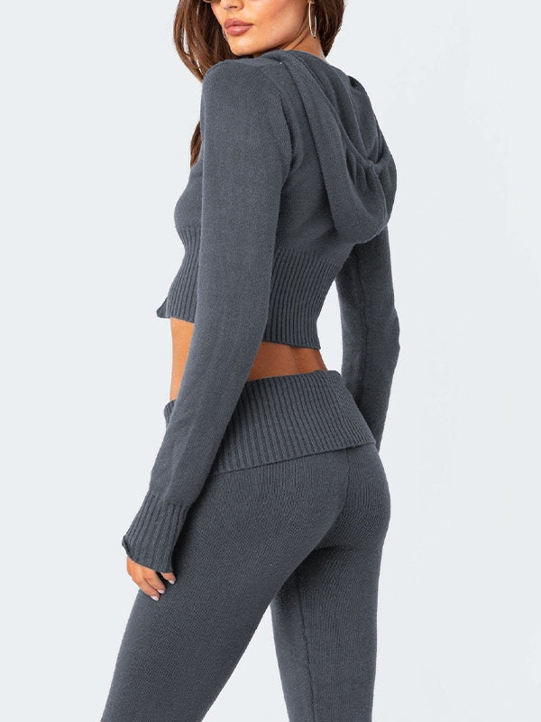 Solid Knit Hoodie Flare Leg Pants Sets