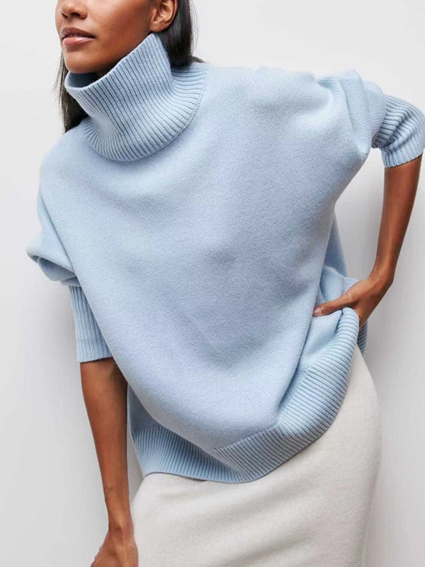 Solid High Neck Loose Sweaters