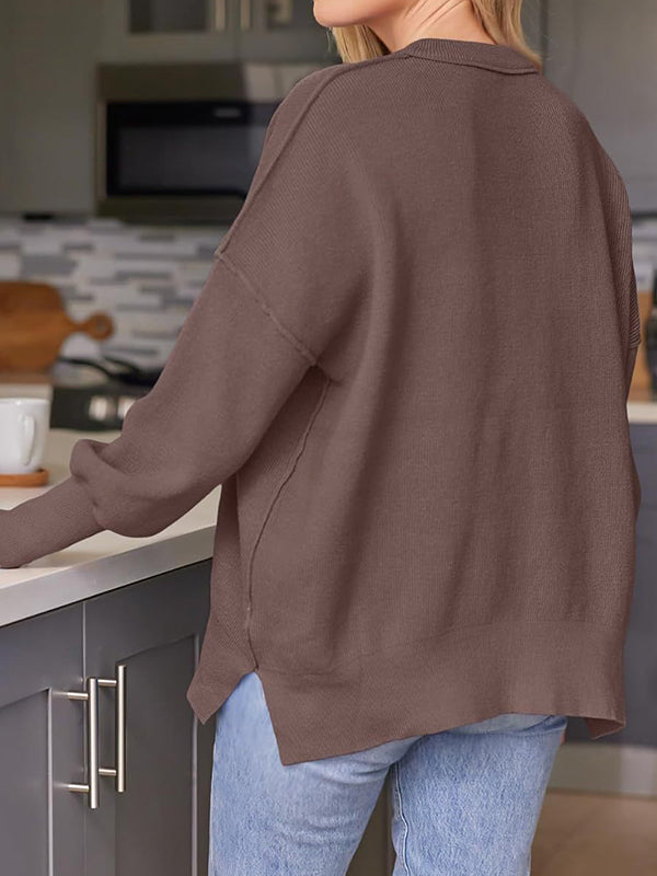 Solid Crew Neck Cape Sleeve Slit Sweaters