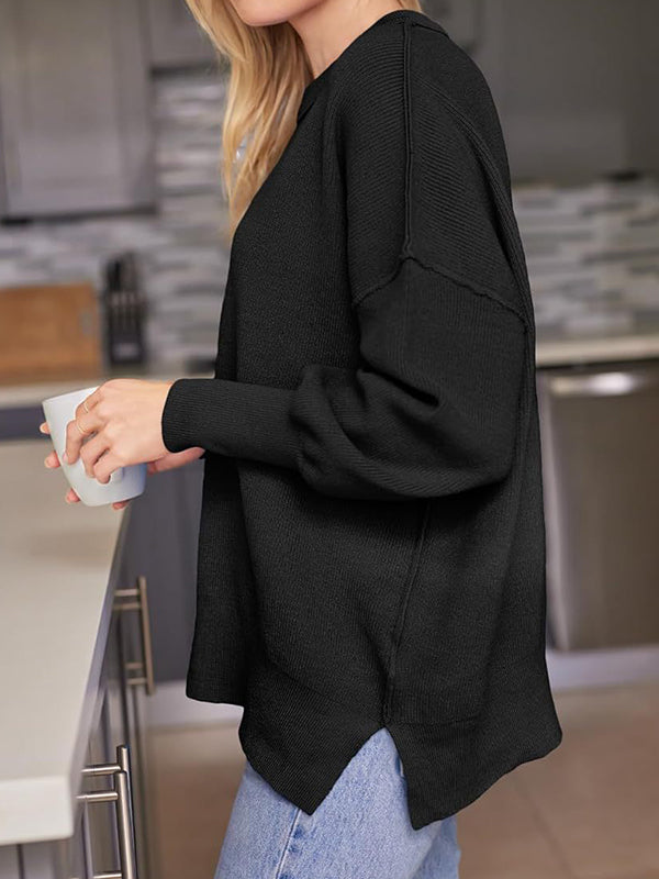 Solid Crew Neck Cape Sleeve Slit Sweaters