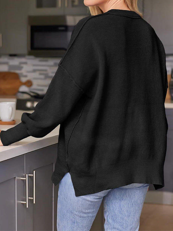 Solid Crew Neck Cape Sleeve Slit Sweaters