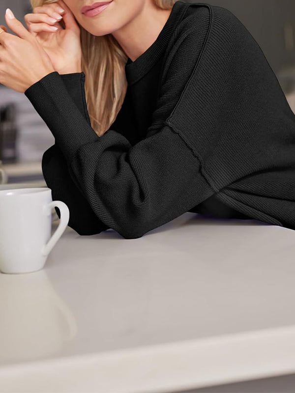 Solid Crew Neck Cape Sleeve Slit Sweaters