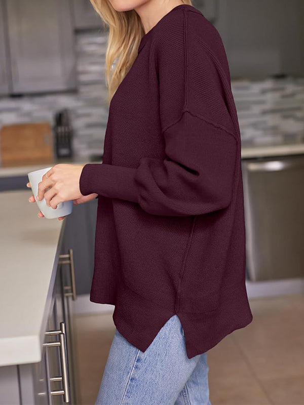 Solid Crew Neck Cape Sleeve Slit Sweaters