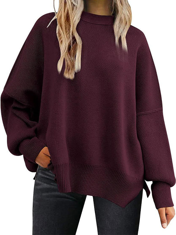 Solid Crew Neck Cape Sleeve Slit Sweaters