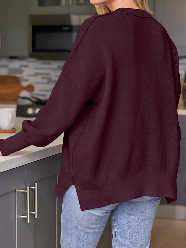 Solid Crew Neck Cape Sleeve Slit Sweaters