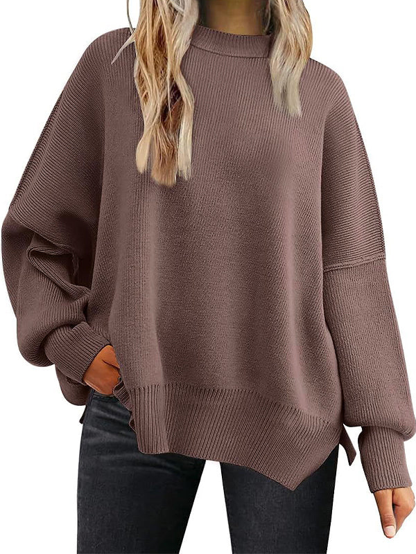 Solid Crew Neck Cape Sleeve Slit Sweaters