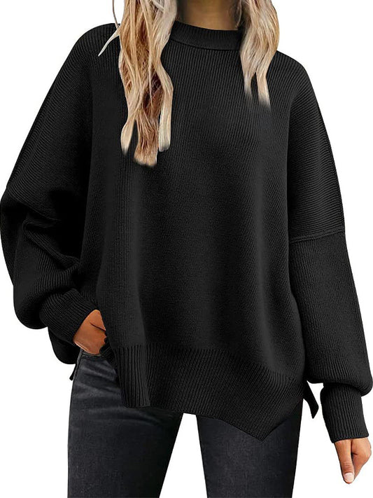 Solid Crew Neck Cape Sleeve Slit Sweaters