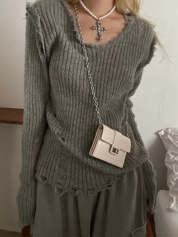 Ribbed Tattered V Neck Sweaters