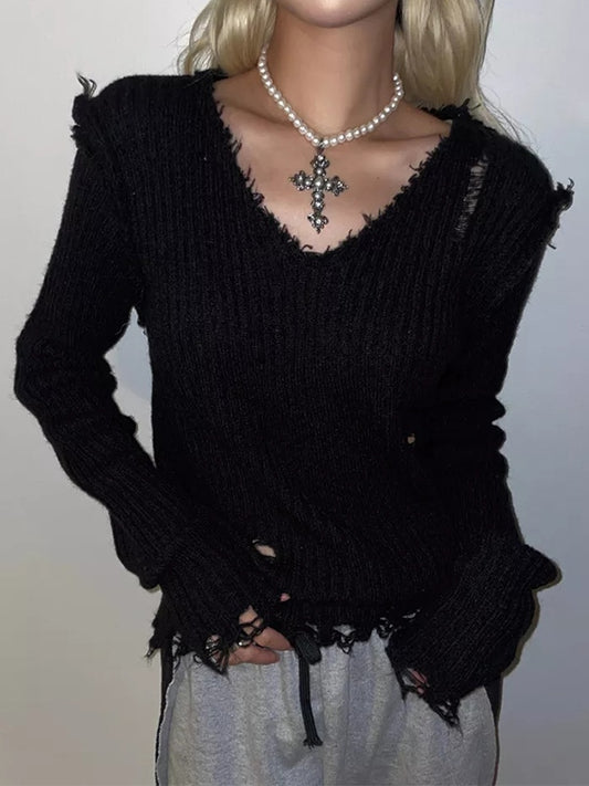 Ribbed Tattered V Neck Sweaters