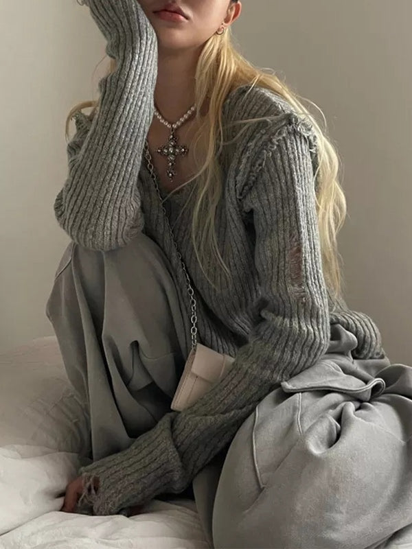 Ribbed Tattered V Neck Sweaters