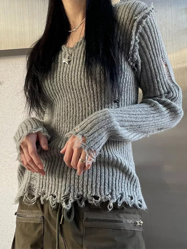 Ribbed Tattered V Neck Sweaters