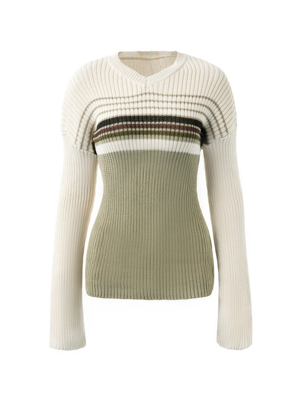 V Neck Stripe Print Sweater