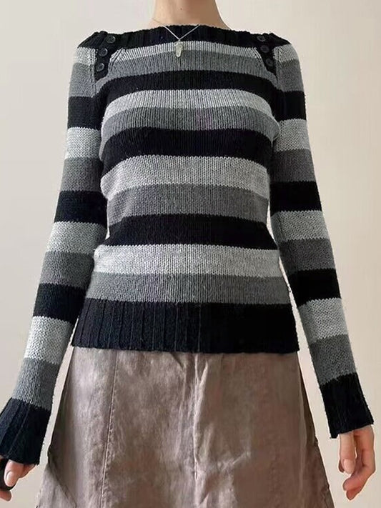 Stripe Button Decor Knit Sweaters