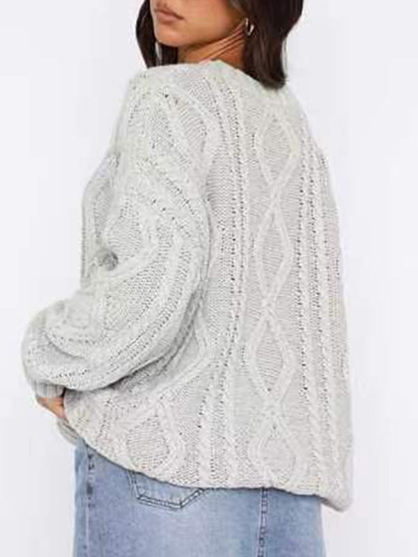 Solid Crew Neck Cable Knit Sweater