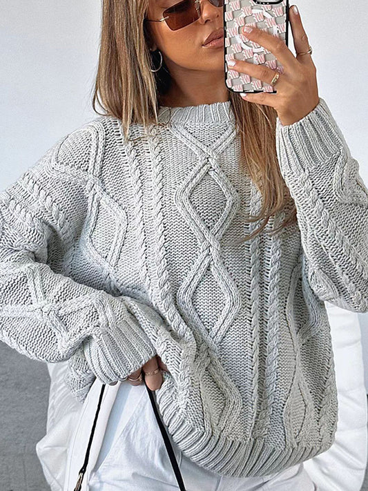 Solid Crew Neck Cable Knit Sweater