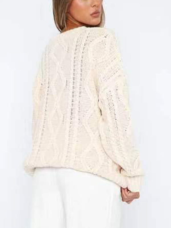 Solid Crew Neck Cable Knit Sweater