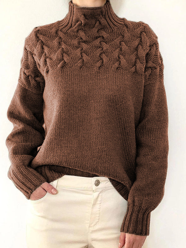 Solid Cable Knit Splice Turtleneck Sweaters