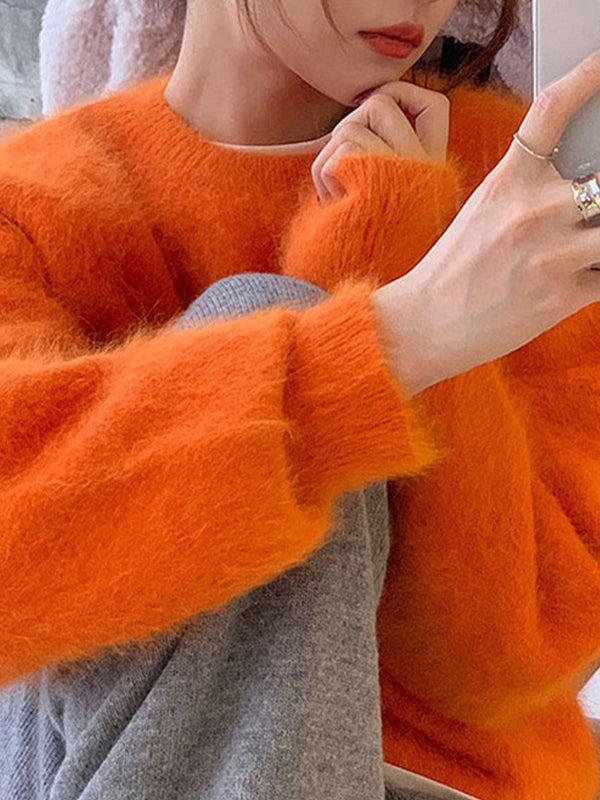 Fuzzy Solid Pullover Sweaters