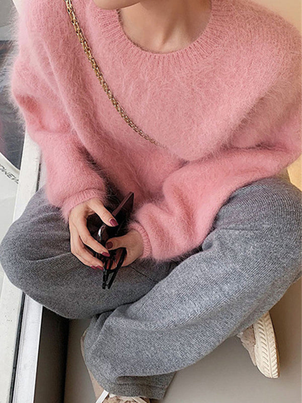 Fuzzy Solid Pullover Sweaters