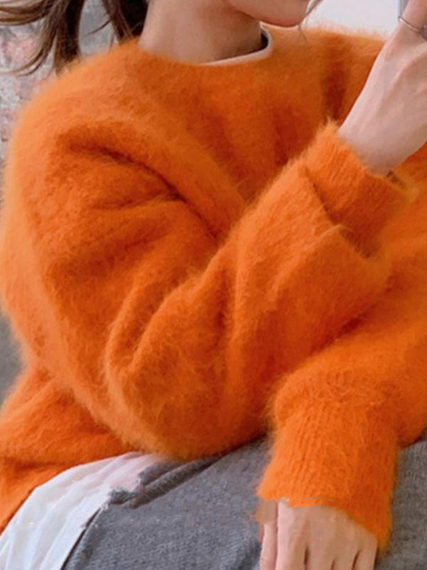 Fuzzy Solid Pullover Sweaters