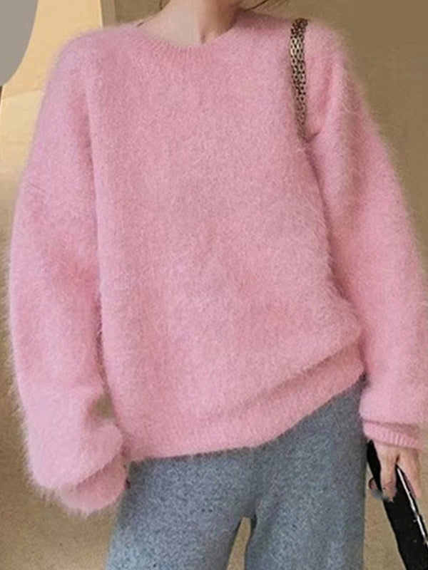 Fuzzy Solid Pullover Sweaters