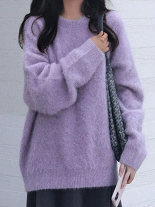 Fuzzy Solid Pullover Sweaters