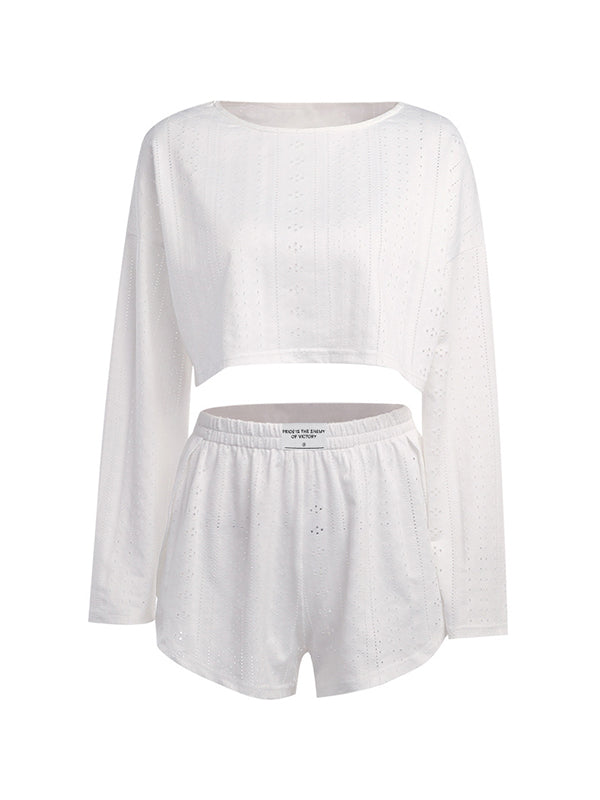 Solid Cutout Loose Long Sleeve Tee Shorts Set