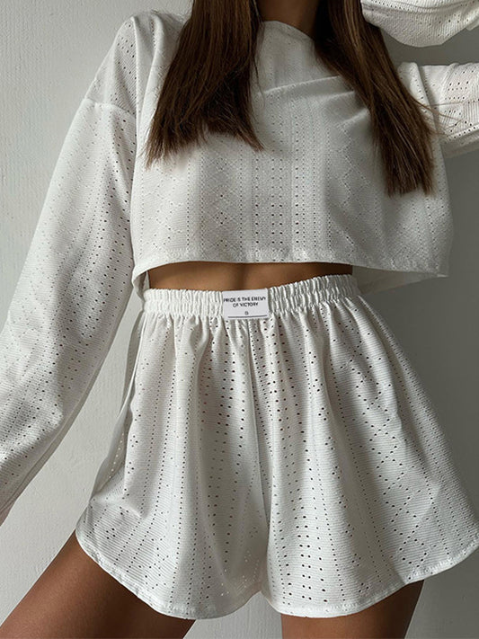 Solid Cutout Loose Long Sleeve Tee Shorts Set