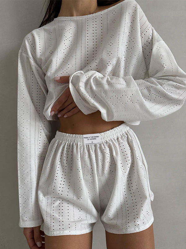 Solid Cutout Loose Long Sleeve Tee Shorts Set