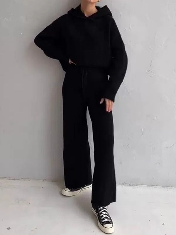 Solid Oversized Hoodie Drawstring Wide Leg Pants Set