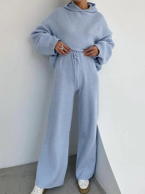 Solid Oversized Hoodie Drawstring Wide Leg Pants Set