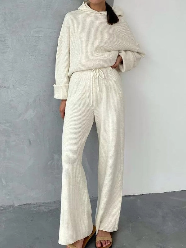 Solid Oversized Hoodie Drawstring Wide Leg Pants Set