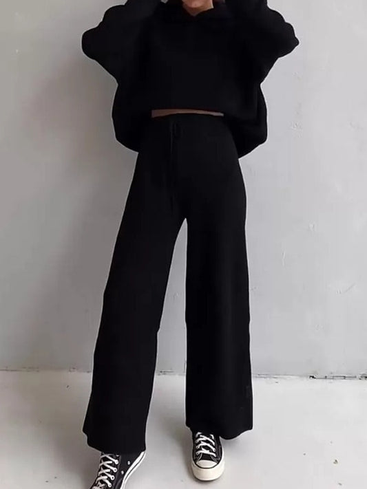 Solid Oversized Hoodie Drawstring Wide Leg Pants Set