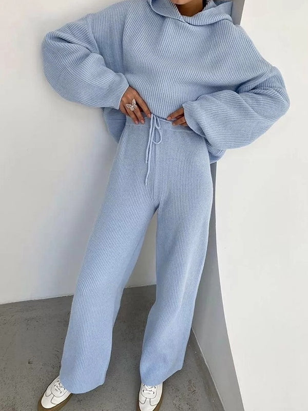 Solid Oversized Hoodie Drawstring Wide Leg Pants Set