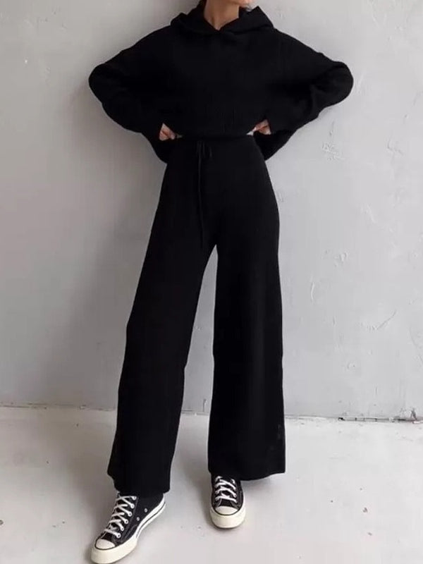 Solid Oversized Hoodie Drawstring Wide Leg Pants Set