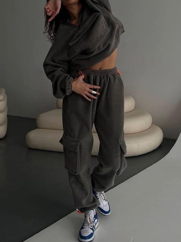 Solid Half Zip Flap Pocket Sweatshirt Bound Feet Sweatpants Set