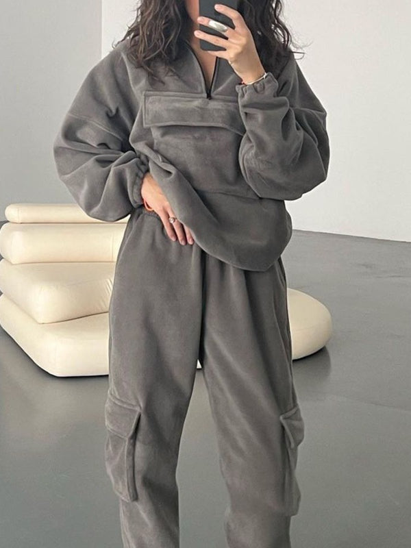 Solid Half Zip Flap Pocket Sweatshirt Bound Feet Sweatpants Set