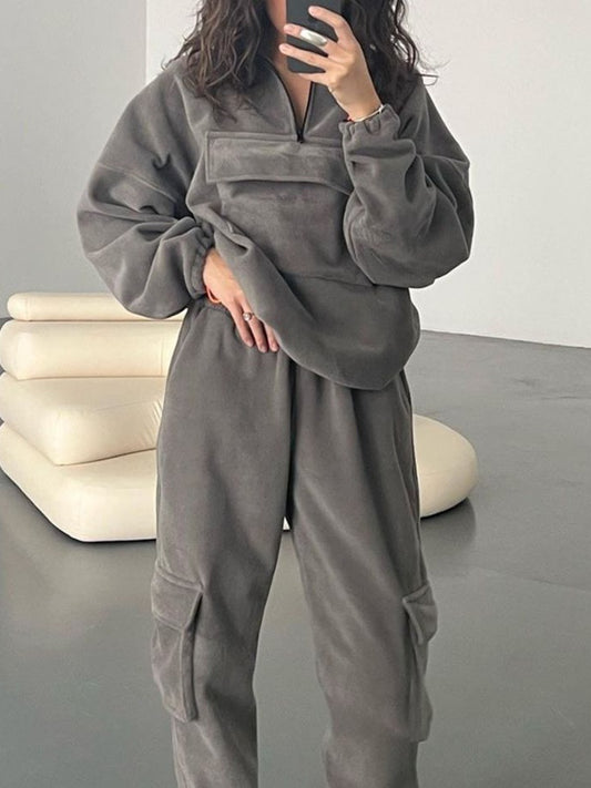 Solid Half Zip Flap Pocket Sweatshirt Bound Feet Sweatpants Set
