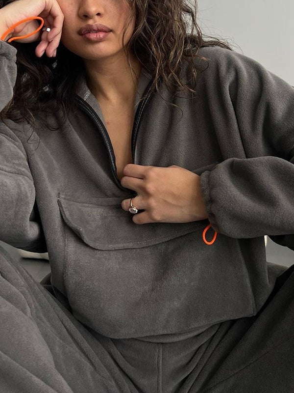 Solid Half Zip Flap Pocket Sweatshirt Bound Feet Sweatpants Set