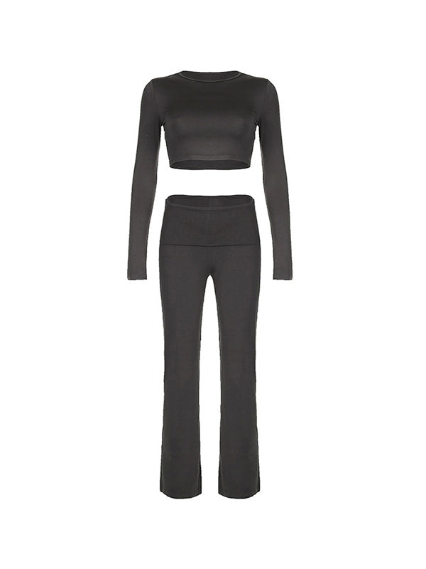 Solid Cropped Slim Long Sleeve Tee Flared Sweatpants Set
